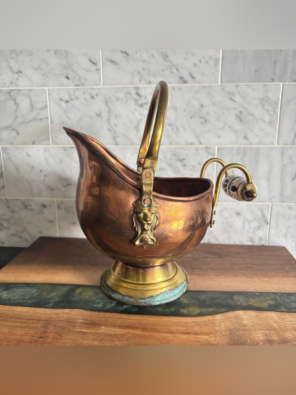 Vintage Brass and Copper Coal Scuttle Planter with Delft Handle: Rustic Farmhous